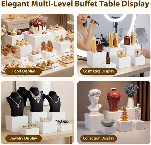 10 قطع من أدوات رفع البوفيه مع لافتة صغيرة وملقط تقديم الطعام، حامل عرض الطعام من الأكريليك الأبيض لطاولات البوفيه وحفلات تقديم الطعام وصناديق تعشيش الحلوى مع قاعدة مجوفة (10"، 9"، 8"، 7"، 6"، 5"، 5"، 4"، 4"، 3") in Kuwait