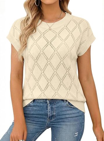 SHEWIN Womens Summer Tops Casual Crewneck Short Sleeve Shirts Cable Knit Lightweight Loose Pullover Sweater in Kuwait