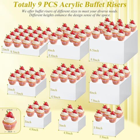 9 قطع من حاملات وحوامل البوفيه البيضاء | رافعات عرض الطعام لطاولة البوفيه | ستاندات أكريليك مع لافتات وأقلام | صناديق مكعبة للحفلات، أعياد الميلاد، الزفاف، تقديم الطعام، التشكيلة | الحجم 10''-9''-8''-7''-6''-5'' in Kuwait