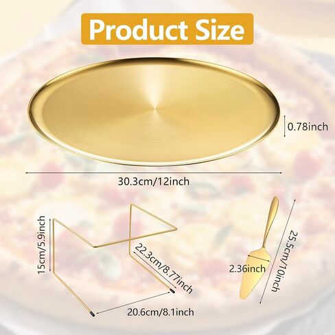 GRETJOB 12 Pcs Pizza Pan Riser Stand Set, 4 Metal Pizza Table Stands + 4 Nonstick Pizza Pans + 4 Pie Servers, Gold Pizza Rack & Tray for Baking, Dessert, Cheese, Party, and Restaurant Use (Gold) in Saudi Arabia