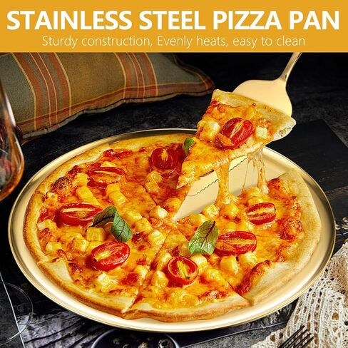 GRETJOB 12 Pcs Pizza Pan Riser Stand Set, 4 Metal Pizza Table Stands + 4 Nonstick Pizza Pans + 4 Pie Servers, Gold Pizza Rack & Tray for Baking, Dessert, Cheese, Party, and Restaurant Use (Gold) in Saudi Arabia