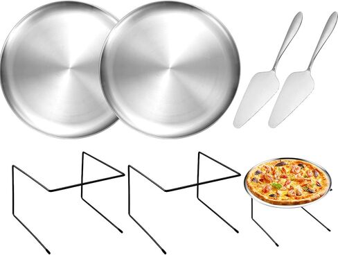 GRETJOB 12 Pcs Pizza Pan Riser Stand Set, 4 Metal Pizza Table Stands + 4 Nonstick Pizza Pans + 4 Pie Servers, Gold Pizza Rack & Tray for Baking, Dessert, Cheese, Party, and Restaurant Use (Gold) in Kuwait