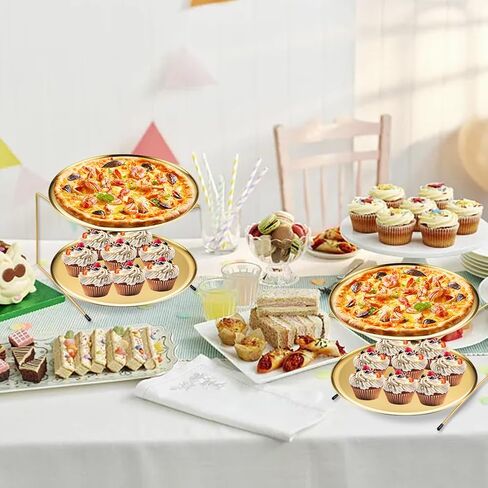 GRETJOB 12 Pcs Pizza Pan Riser Stand Set, 4 Metal Pizza Table Stands + 4 Nonstick Pizza Pans + 4 Pie Servers, Gold Pizza Rack & Tray for Baking, Dessert, Cheese, Party, and Restaurant Use (Gold) in Saudi Arabia