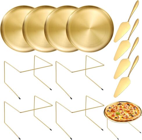 GRETJOB 12 Pcs Pizza Pan Riser Stand Set, 4 Metal Pizza Table Stands + 4 Nonstick Pizza Pans + 4 Pie Servers, Gold Pizza Rack & Tray for Baking, Dessert, Cheese, Party, and Restaurant Use (Gold) in Saudi Arabia