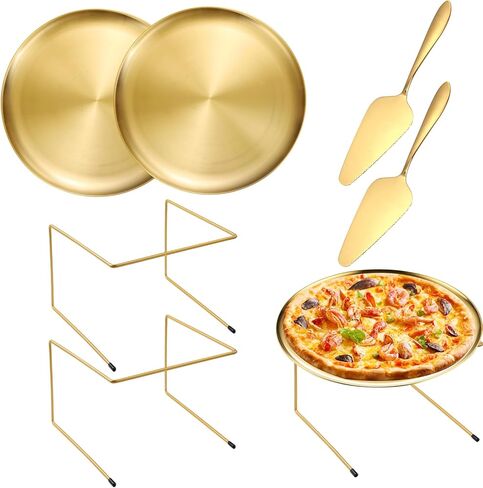 GRETJOB 12 Pcs Pizza Pan Riser Stand Set, 4 Metal Pizza Table Stands + 4 Nonstick Pizza Pans + 4 Pie Servers, Gold Pizza Rack & Tray for Baking, Dessert, Cheese, Party, and Restaurant Use (Gold) in Saudi Arabia