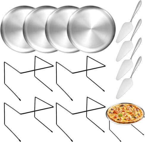 GRETJOB 12 Pcs Pizza Pan Riser Stand Set, 4 Metal Pizza Table Stands + 4 Nonstick Pizza Pans + 4 Pie Servers, Gold Pizza Rack & Tray for Baking, Dessert, Cheese, Party, and Restaurant Use (Gold) in Saudi Arabia