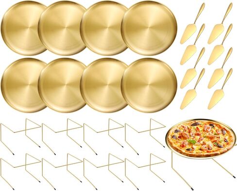 GRETJOB 12 Pcs Pizza Pan Riser Stand Set, 4 Metal Pizza Table Stands + 4 Nonstick Pizza Pans + 4 Pie Servers, Gold Pizza Rack & Tray for Baking, Dessert, Cheese, Party, and Restaurant Use (Gold) in Saudi Arabia