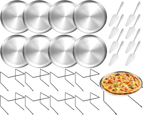 GRETJOB 12 Pcs Pizza Pan Riser Stand Set, 4 Metal Pizza Table Stands + 4 Nonstick Pizza Pans + 4 Pie Servers, Gold Pizza Rack & Tray for Baking, Dessert, Cheese, Party, and Restaurant Use (Gold) in Saudi Arabia