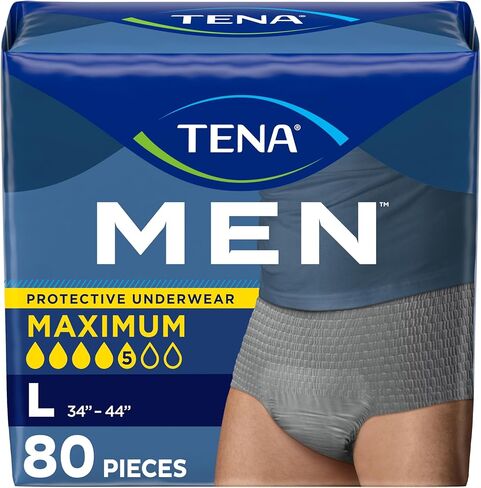 Tena Protective Incontinence Underwear for Men, Maximum, Large, Grey, 80 Count (Waist Size 34in-44in) in Kuwait