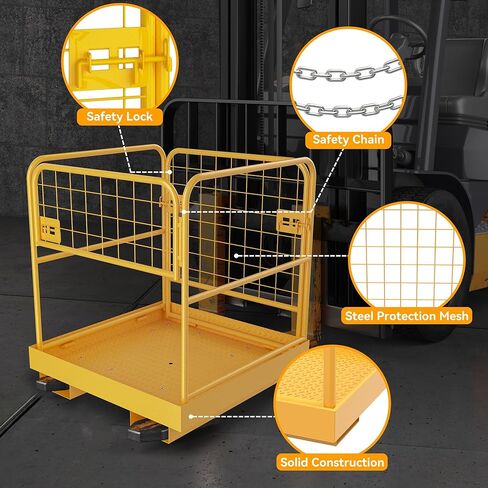 YINTATECH 36 بوصة × 36 بوصة قفص أمان للرافعة الشوكية، منصة عمل رافعة شوكية فولاذية شديدة التحمل بسعة 1150 رطل، سلة رجل مع سلاسل أمان واحدة لصيانة المستودعات الجوية in Kuwait