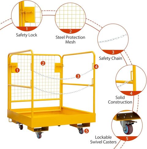 Heavy-Duty Carbon Steel Forklift Safety Cage - 36x36 in, 1200 Lbs Capacity, with Casters, Chain Door, Industrial Work Platform for Elevated Maintenance & Construction Tasks in Kuwait