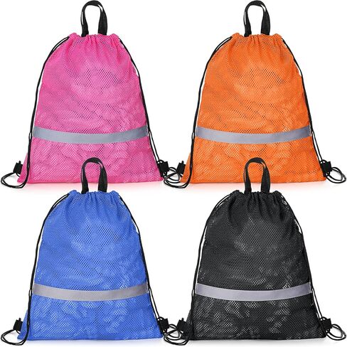 4 Pcs Summer Reflective Large Mesh Drawstring Bag with Zipper Pocket Net Quick Drying Swimming Bag Beach Soccer Mesh Backpack Foldable Swim Gear Bag for Adults Teens Sports Gym Equipment, 4 Colors in Saudi Arabia