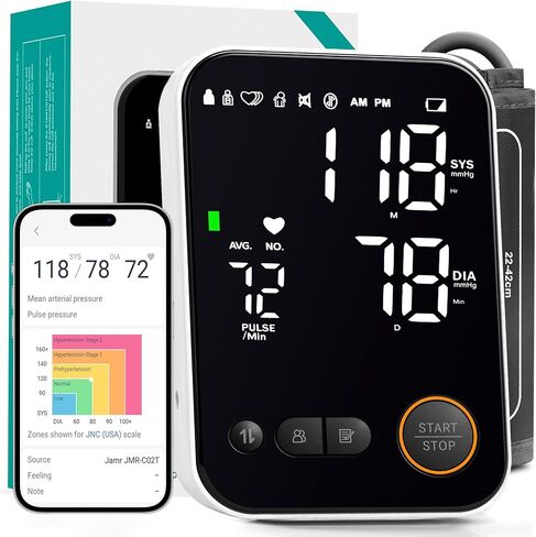 Blood Pressure Monitor Upper Arm - Bluetooth iOS & Android Compatible One-Button Operation Voice Broadcast Large LED Display Backlit 2x120 Memory Adjustable Cuff 8.7"-16.5" with Storage Bag Black in Kuwait