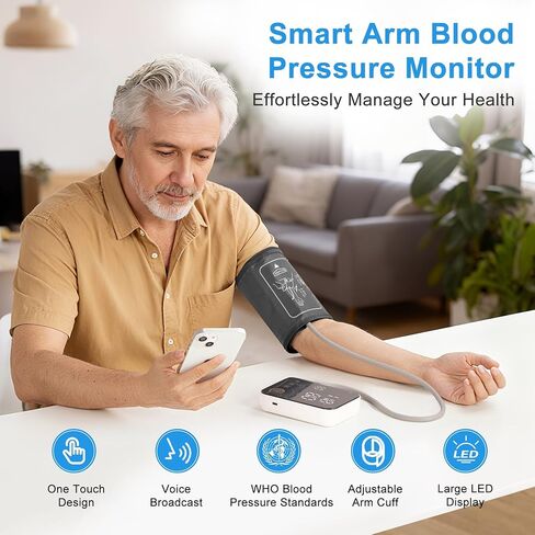 Blood Pressure Monitor Upper Arm - Bluetooth iOS & Android Compatible One-Button Operation Voice Broadcast Large LED Display Backlit 2x120 Memory Adjustable Cuff 8.7"-16.5" with Storage Bag Black in Kuwait