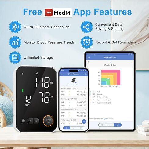 Blood Pressure Monitor Upper Arm - Bluetooth iOS & Android Compatible One-Button Operation Voice Broadcast Large LED Display Backlit 2x120 Memory Adjustable Cuff 8.7"-16.5" with Storage Bag Black in Kuwait