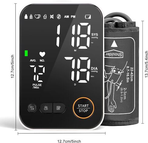 Blood Pressure Monitor Upper Arm - Bluetooth iOS & Android Compatible One-Button Operation Voice Broadcast Large LED Display Backlit 2x120 Memory Adjustable Cuff 8.7"-16.5" with Storage Bag Black in Kuwait