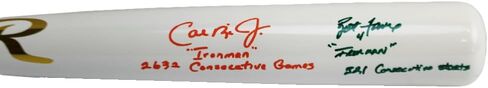 Cal Ripken Jr & Brett Favre Autographed/Signed Baltimore White Chrome Bat with 4 Inscriptions in Saudi Arabia