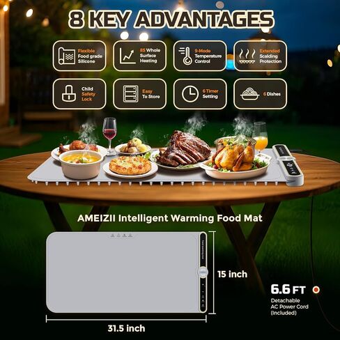 Warming Mat for Food - Extra Large 32"x15" Electric Warming Tray Warm 8 Dishes, 9-Temperature Adjustable, 1-6H Timer, Child Lock, 8s Fast Heating, Foldable Food-Grade Silicone Design in Saudi Arabia