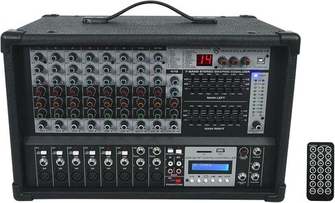 خلاط Rockville RPM109 V2 مزود بـ 12 قناة، ذروة 4800 وات/600 وات RMS x2 @4Ω، تشغيل وتسجيل بلوتوث/USB/SD، 24 مؤثرًا رقميًا، 3 نطاقات EQ لكل قناة، 7 نطاقات ستيريو EQ، للصوت المباشر والاستوديو in Saudi Arabia