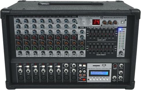 خلاط Rockville RPM109 V2 مزود بـ 12 قناة، ذروة 4800 وات/600 وات RMS x2 @4Ω، تشغيل وتسجيل بلوتوث/USB/SD، 24 مؤثرًا رقميًا، 3 نطاقات EQ لكل قناة، 7 نطاقات ستيريو EQ، للصوت المباشر والاستوديو in Saudi Arabia