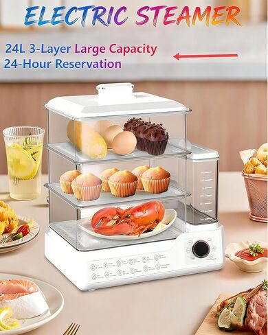 24L Electric Food Steamer 3 Tier Stainless Steel Commercial Steamer, Large Capacity Breakfast Machine with Detachable Water Tank and Timer, for Home Restaurant Party White in Saudi Arabia