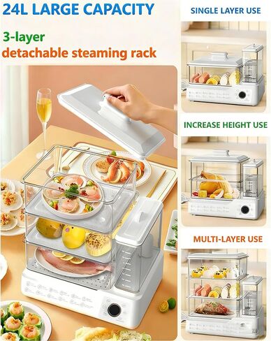 24L Electric Food Steamer 3 Tier Stainless Steel Commercial Steamer, Large Capacity Breakfast Machine with Detachable Water Tank and Timer, for Home Restaurant Party White in Saudi Arabia