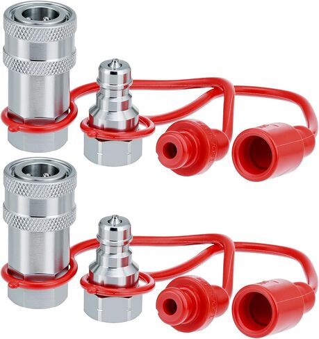 QWORK Hydraulic Quick Connect Couplers, 2 Sets 1/4 Inch NPT Thread Poppet Valve, 1/4" NPT Thread and 1/4" ISO Body, 3600 PSI, Hardened Steel with Dust Caps in Kuwait
