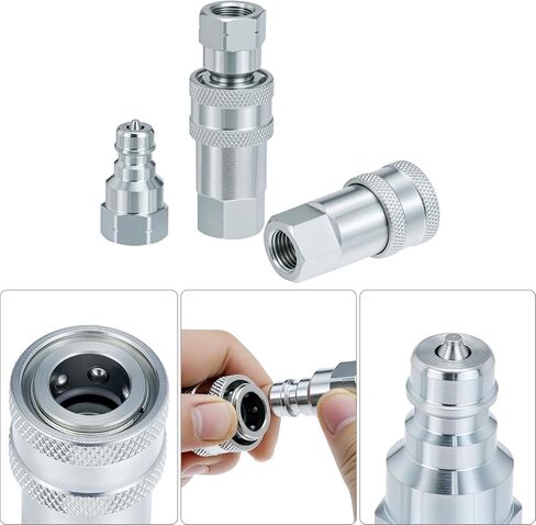 QWORK Hydraulic Quick Connect Couplers, 2 Sets 1/4 Inch NPT Thread Poppet Valve, 1/4" NPT Thread and 1/4" ISO Body, 3600 PSI, Hardened Steel with Dust Caps in Kuwait