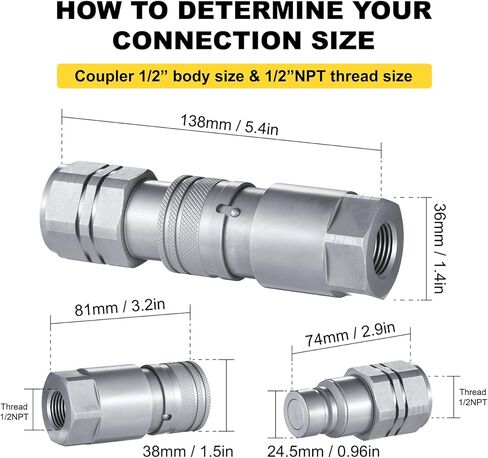IKER Flat Face Hydraulic Quick Connect Fittings, 1/2" NPT Skid Steer Hydraulic Couplers Set w/Dust Caps, 1 Set in Saudi Arabia