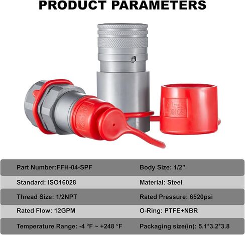 IKER Flat Face Hydraulic Quick Connect Fittings, 1/2" NPT Skid Steer Hydraulic Couplers Set w/Dust Caps, 1 Set in Saudi Arabia