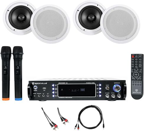 حزمة Rockville RPA70WBT V2: مضخم صوت/خلاط USB بقدرة 1000 واط، مع 2 ميكروفون، (2) زوج من مكبرات الصوت في السقف HC85 مقاس 8 بوصات 700 واط، RCDR10B بطول 10 أقدام من RCA إلى كابل RCA، وكابل RNRMR10 بطول 10 أقدام من TRS إلى RCA، 5 عناصر in Saudi Arabia