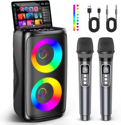 آلة كاريوكي للبالغين: مكبر صوت بلوتوث محمول مع 2 ميكروفونات كاريوكي لاسلكية مع أضواء LED، هدايا عيد ميلاد للحفلات العائلية، حزم نظام المنزل تدعم TWS/TF/USB/AUX in Kuwait