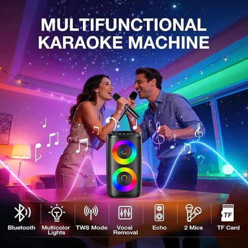 آلة كاريوكي للبالغين: مكبر صوت بلوتوث محمول مع 2 ميكروفونات كاريوكي لاسلكية مع أضواء LED، هدايا عيد ميلاد للحفلات العائلية، حزم نظام المنزل تدعم TWS/TF/USB/AUX in Kuwait
