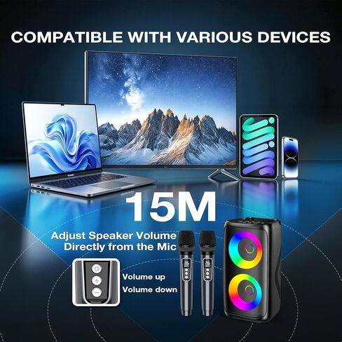 آلة كاريوكي للبالغين: مكبر صوت بلوتوث محمول مع 2 ميكروفونات كاريوكي لاسلكية مع أضواء LED، هدايا عيد ميلاد للحفلات العائلية، حزم نظام المنزل تدعم TWS/TF/USB/AUX in Kuwait
