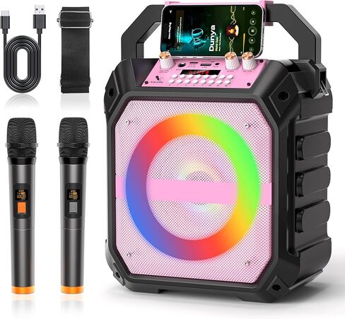 Karaoke Machine with 2 Wireless Microphones, Portable Bluetooth Speaker with RGB Strobe Lights, PA System Supports TWS/USB/TF/REC/AUX, Karaoke Speaker for Adults & Kids, Pink in Kuwait