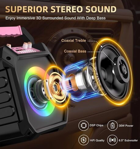 Karaoke Machine with 2 Wireless Microphones, Portable Bluetooth Speaker with RGB Strobe Lights, PA System Supports TWS/USB/TF/REC/AUX, Karaoke Speaker for Adults & Kids, Pink in Kuwait