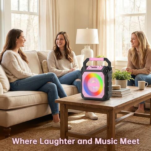 Karaoke Machine with 2 Wireless Microphones, Portable Bluetooth Speaker with RGB Strobe Lights, PA System Supports TWS/USB/TF/REC/AUX, Karaoke Speaker for Adults & Kids, Pink in Kuwait