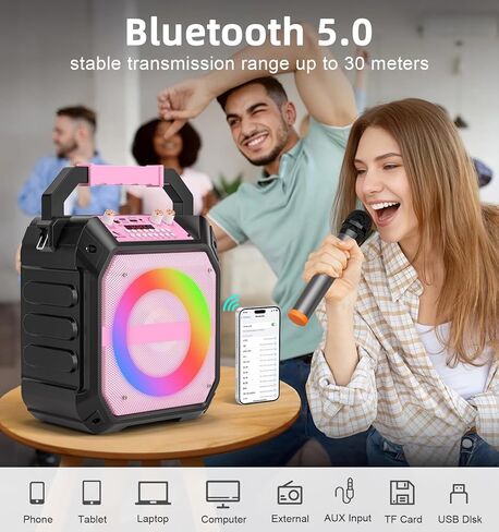 Karaoke Machine with 2 Wireless Microphones, Portable Bluetooth Speaker with RGB Strobe Lights, PA System Supports TWS/USB/TF/REC/AUX, Karaoke Speaker for Adults & Kids, Pink in Kuwait