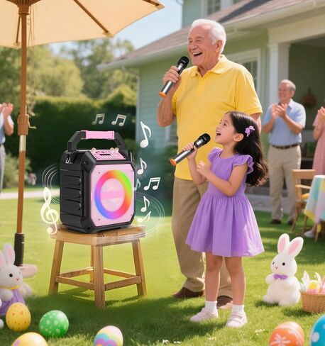 Karaoke Machine with 2 Wireless Microphones, Portable Bluetooth Speaker with RGB Strobe Lights, PA System Supports TWS/USB/TF/REC/AUX, Karaoke Speaker for Adults & Kids, Pink in Kuwait