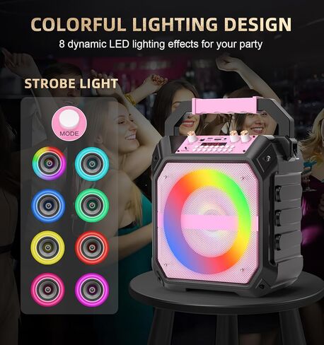 Karaoke Machine with 2 Wireless Microphones, Portable Bluetooth Speaker with RGB Strobe Lights, PA System Supports TWS/USB/TF/REC/AUX, Karaoke Speaker for Adults & Kids, Pink in Kuwait