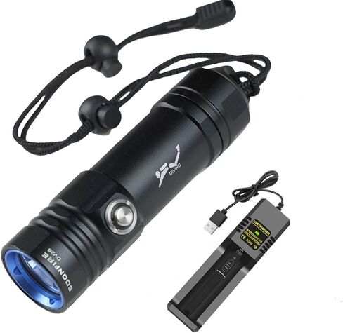 DV28 كشاف غوص - 1500 لومن فائق السطوع تحت الماء مع شاحن، IPX8 مقاوم للماء حتى 100 متر للغوص والغطس وصيد الأسماك - 3 أوضاع ومؤشر البطارية in Kuwait