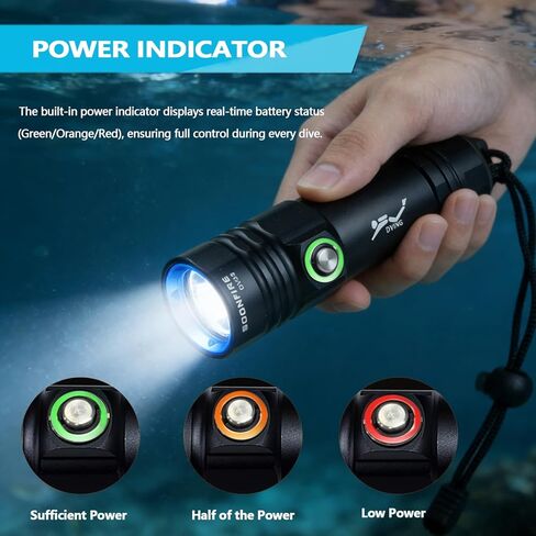 DV28 كشاف غوص - 1500 لومن فائق السطوع تحت الماء مع شاحن، IPX8 مقاوم للماء حتى 100 متر للغوص والغطس وصيد الأسماك - 3 أوضاع ومؤشر البطارية in Kuwait