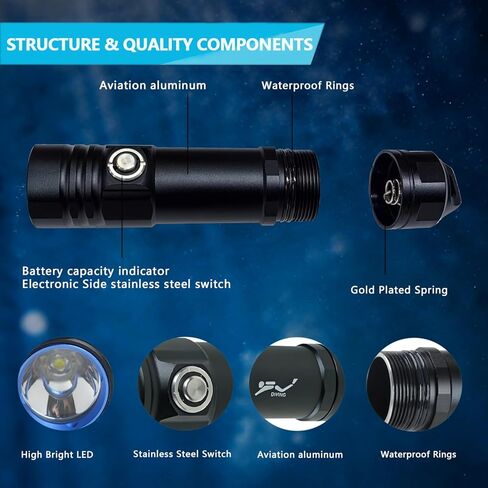 DV28 كشاف غوص - 1500 لومن فائق السطوع تحت الماء مع شاحن، IPX8 مقاوم للماء حتى 100 متر للغوص والغطس وصيد الأسماك - 3 أوضاع ومؤشر البطارية in Kuwait