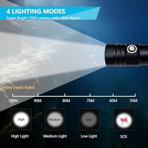 DV28 كشاف غوص - 1500 لومن فائق السطوع تحت الماء مع شاحن، IPX8 مقاوم للماء حتى 100 متر للغوص والغطس وصيد الأسماك - 3 أوضاع ومؤشر البطارية in Kuwait