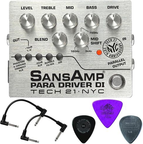 Tech 21 SansAmp Para Driver V2 DI Pedal - 20th Anniversary Limited Edition Silver - Bundle with 2 Patch Cables and 3 Dunlop Bass Picks in Saudi Arabia