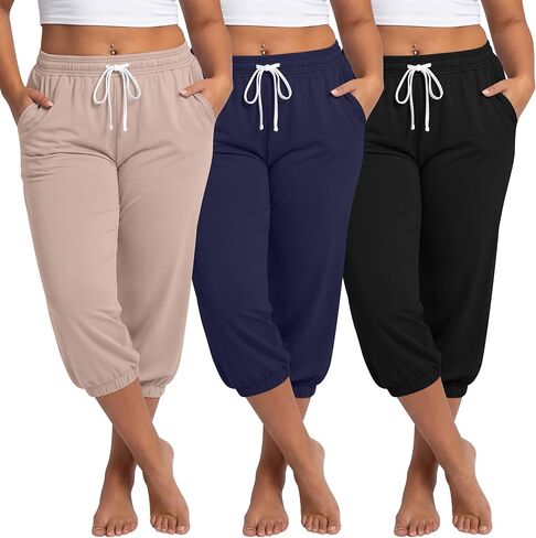 Ficerd 3 Pack Women's Plus Size Capri Sweatpants Cotton Drawstring Joggers Cropped Athletic Lounge Pants Comfy with Pockets in Kuwait