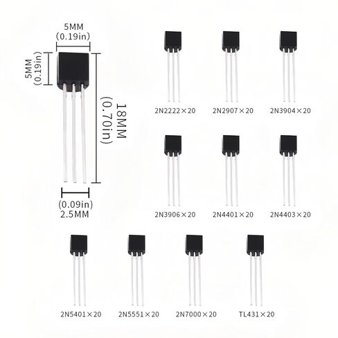 200PCS 10Values 2N2222 2N2907 2N3904 2N3906 2N4401 2N4403 2N5401 2N5551 2N7000 TL431 TL431A 2N2222A Power BJT Bipolar Junction Transistor Kits in Kuwait