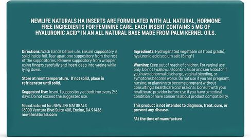 التحاميل المهبلية بحمض الهيالورونيك من نيولايف ناتشورالز للنساء 5 ملجم - مرطب مهبلي ودعم الرطوبة، انقطاع الطمث - 12 حشوة HA - كمية تكفي لمدة 30 يومًا في الولايات المتحدة الأمريكية in Kuwait