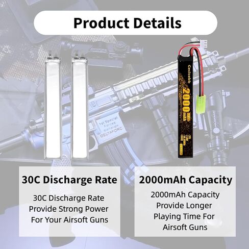 بطارية Airsoft 7.4 فولت 2000 مللي أمبير 30C مع قابس تاميا صغير لبنادق طراز Airsoft قابلة لإعادة الشحن 2S بطارية ليبو 2 حزمة مع كابل شاحن USB 7.4 فولت in Saudi Arabia