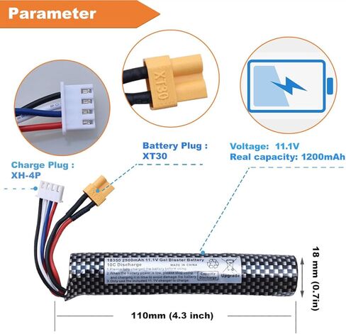 Water Bead Gel Ball Blaster 11.1V 2500mAh [Capacity and Discharge Upgraded ] Rechargeable Battery XT30 Plug with Charging Cable, Airsoft Battery 11.1V for Airsoft Gun Gel Ball Blaster(1-Pack) in Kuwait